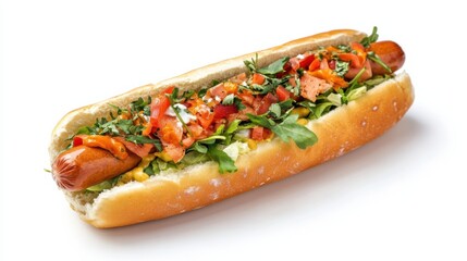 hot dog fast food with sausage tomatoes and sauce white background