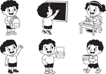 Cartoon School Kids Vector Illustration Set Depicting Education and Learning Activities