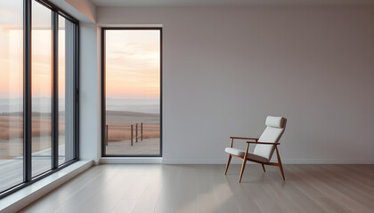 Minimalist sunset lounge modern room interior photography calm atmosphere wide angle serenity