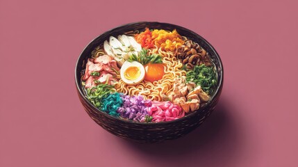 An image of instant noodles being served in a bowl with a variety of toppings like vegetables, meat, and a boiled egg, with a focus on the vibrant, colorful presentation.