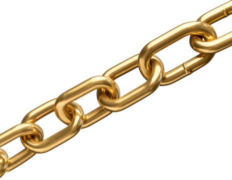 Single Gold Chain Link Segment with Realistic Shadowing, Isolated on Transparent Background.