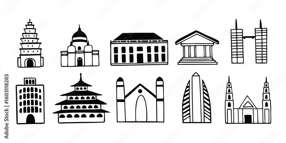 Poster black and white doodle style building icons collection on transparent background this image features