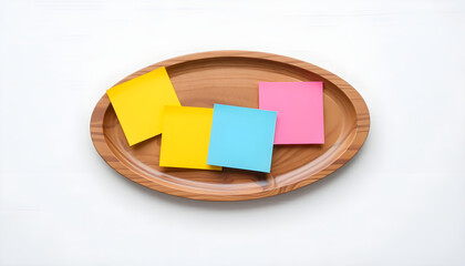 Colorful sticky notes on wooden tray office stationery minimalistic top view organization
