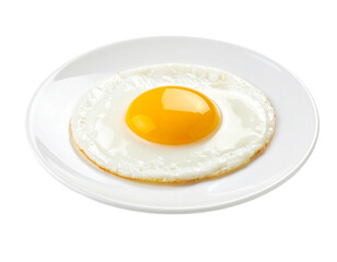 A single sunny-side-up egg, showcasing its bright yolk, isolated on a clean white background.