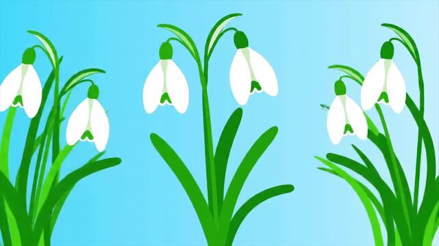 Stylized snowdrop flowers on gradient blue background. Digital illustration of delicate snowdrop blooms. Serene snowdrop floral art with abstract greenery.