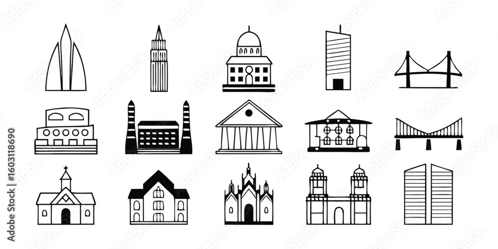 Poster black and white building icons set architectural structures on transparent background collection var