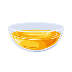 Glass bowl filled with honey in cartoon. Sweet and thick dessert ingredient isolated on white background. Perfect for food Rosh Hashanah and traditional Jewish theme.