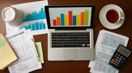 Obraz premium An overhead shot of a desk with a laptop displaying a colorful financial bar chart, surrounded by financial reports, a calculator, and a cup of coffee.