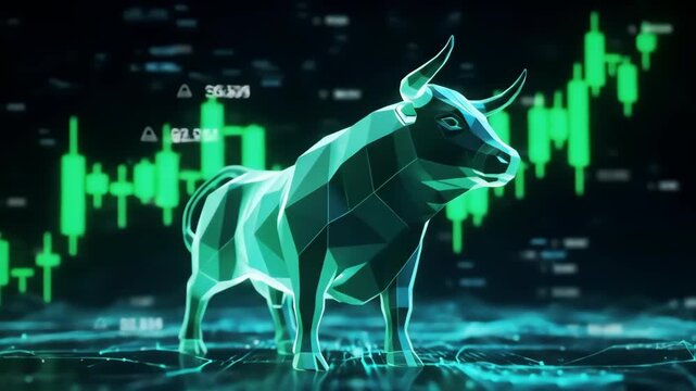 Polygonal Blue Bull Market Symbol with Green Candlestick Trading Chart Background, Stock Market Financial Growth and Investment Success Business Analytics