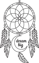 Fototapeta premium Dreamcatcher with feathery detail Oval curve frame silhouette line art royalty free premium quality