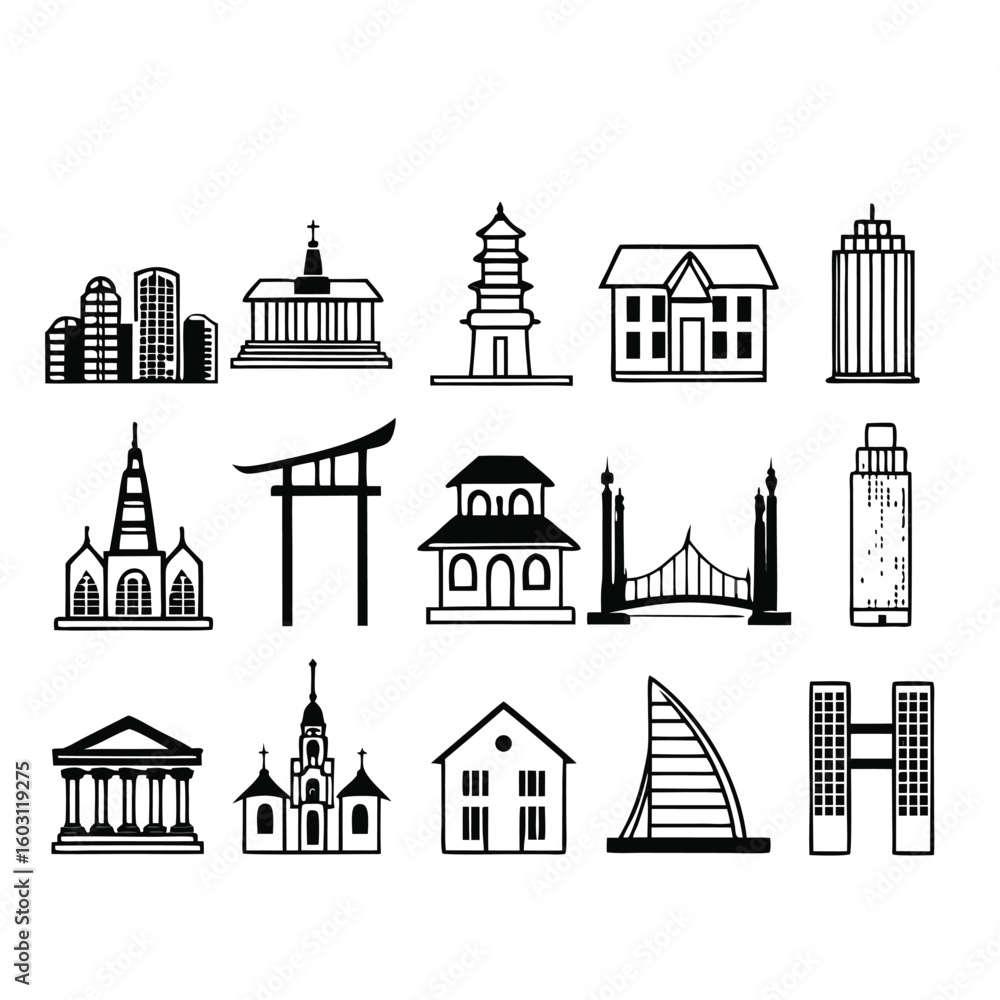 Poster collection of black and white building icons and landmarks on transparent background this image feat