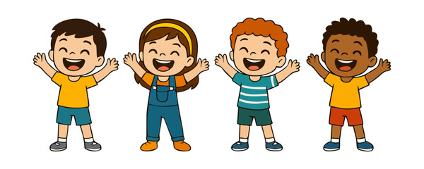 Kids happy cartoon vector illustration artwork joyful poster design template with cheerful boy and girl character lifestyle holiday fun celebration festival and creative background children expression