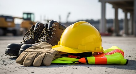 Construction worker safety gear including hard hat gloves and boots