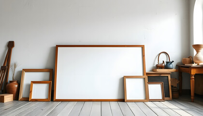 Artful display of empty frames in a minimalist studio setting natural light contemporary style