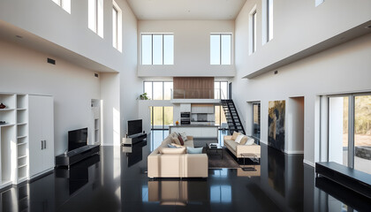 Modern minimalist living room interior design spacious house photography bright environment wide angle aesthetic appeal