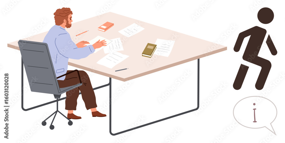 Poster man seated at office desk sorting papers, focusing on task completion. includes books, speech bubble