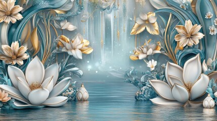 Floral fantasy scene, water reflections
