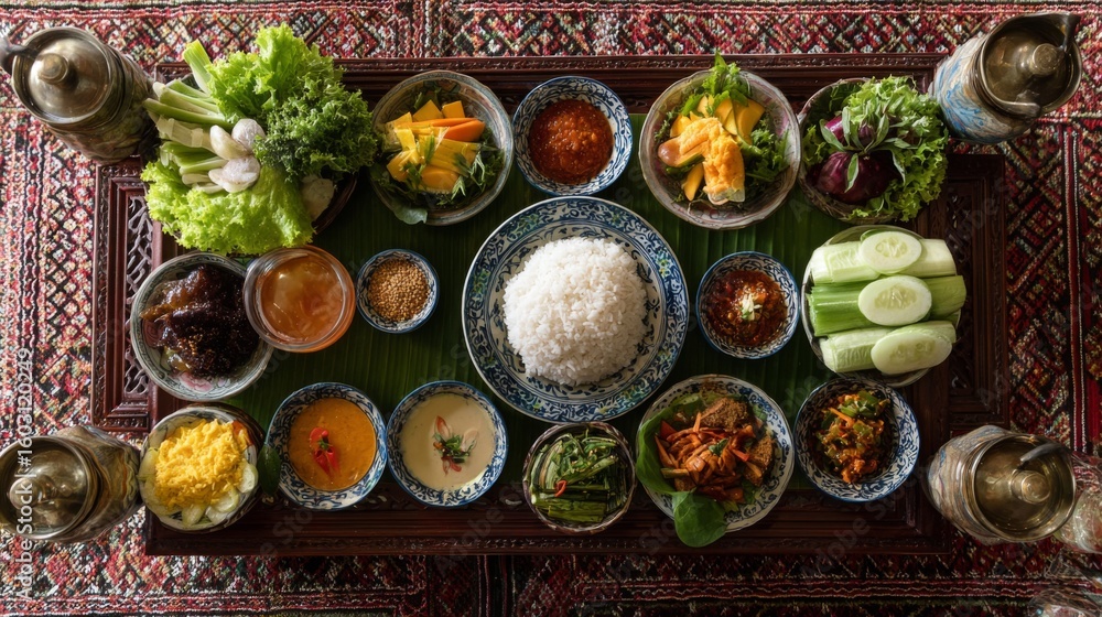 Poster an overhead view of served with an assortment of thai condiments and side dishes, creating a colorfu