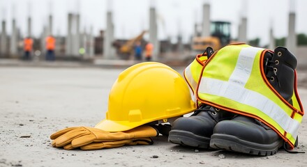 Construction worker safety gear including hard hat gloves and boots on site