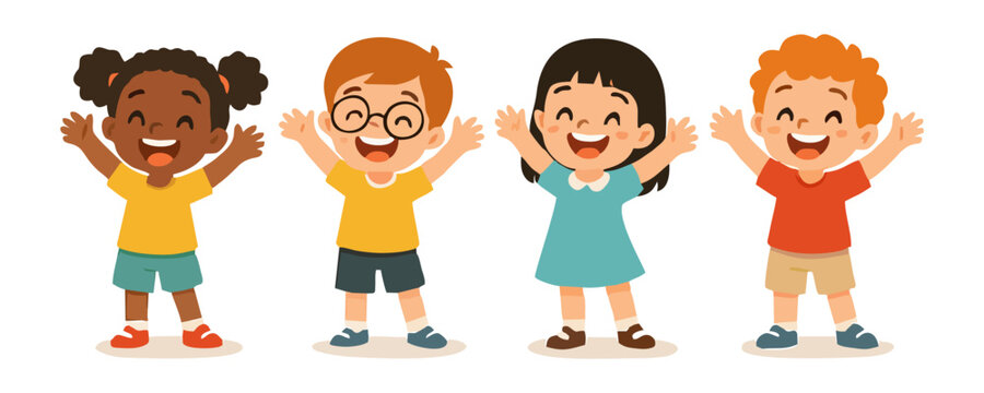 Smiling happy kids cartoon artwork poster template design vector illustration with cheerful boy and girl joyful expression childhood lifestyle holiday event and creative background celebration art