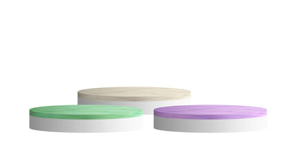 Minimalist 3D scene with three pastel-colored cylindrical podiums. Empty stage for product presentation and advertising mockups.