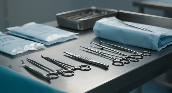 Sterile Surgical Instruments and Wrapped Packs on a Stainless Steel Table in a Hospital Operating Room Setting - Powered by Adobe