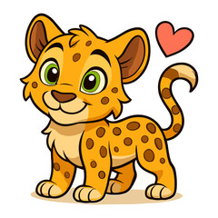 Cute cartoon baby leopard stands sweetly with a red heart.