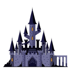 Obraz premium Haunted dark castle with tall spires and glowing windows, flat cartoon style on white background. Concept of fantasy, mystery, horror. Vector illustration