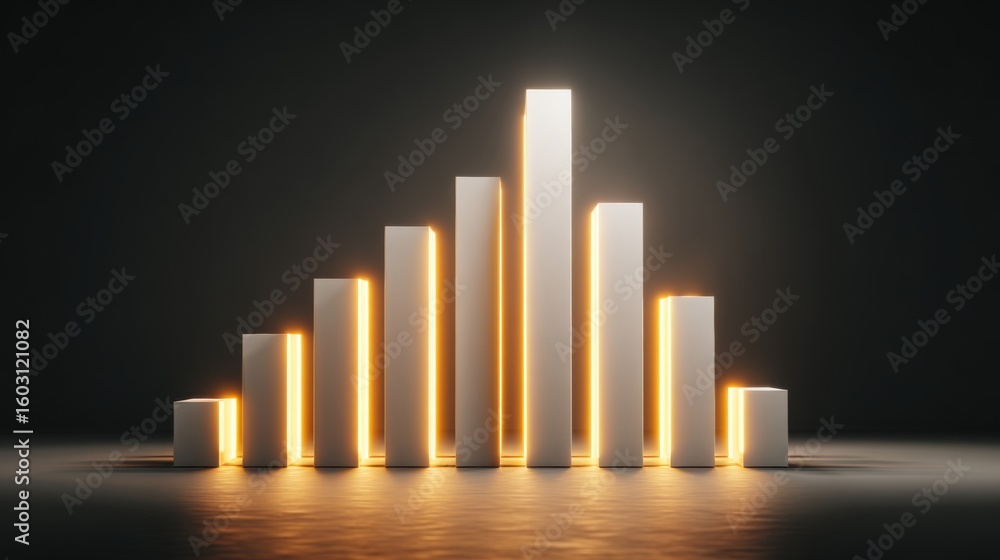 Poster a d financial bar graph with smooth, glowing bars and a minimalistic background, symbolizing steady 
