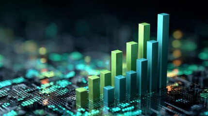 A D financial bar graph with green and blue bars rising in value on a futuristic digital display, showcasing business growth and economic progress