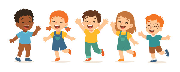 Kids happy expression poster cartoon vector illustration template design with cheerful boy and girl fun character artwork childhood lifestyle joyful holiday and festival creative background drawing