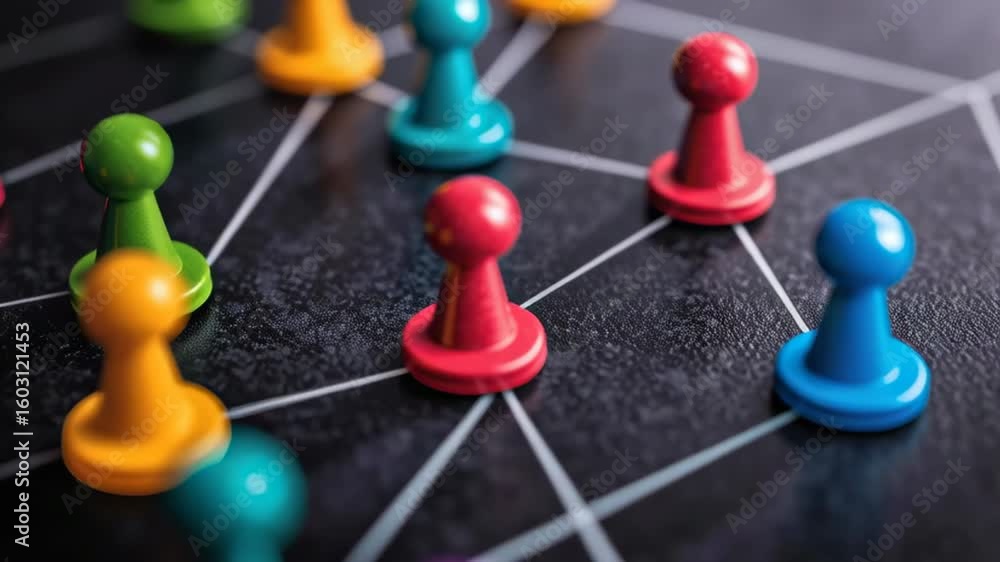 Poster colorful game pieces on board with connections and network lines in abstract concept
