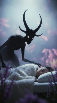 A girl sleeps peacefully while a dark figure watches her in a magical forest filled with mist