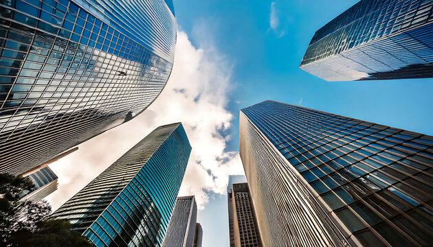 Stunning low-angle shot of modern skyscrapers against a vibrant blue sky. Perfect for illustrating concepts of business, success, architecture, and urban development. - Powered by Adobe