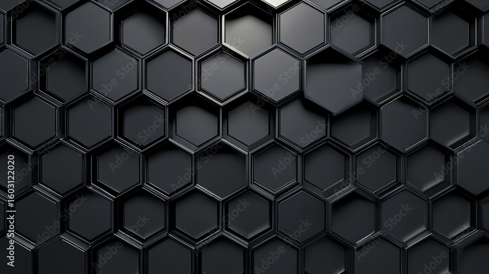 Poster a striking, dark abstract composition features a dense arrangement of hexagonal forms, creating a te