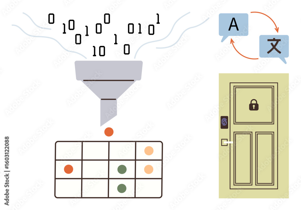 Poster binary data filtering into organized output, language translation icons with arrows, secured door wi