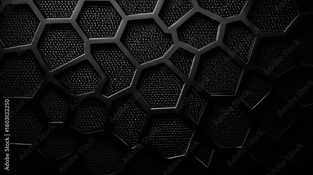Poster a striking black abstract design features a repeating hexagonal pattern, creating a textured and mod