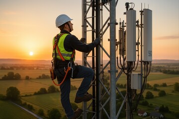  Telecom Technician Climbing 5G Cell Tower at Sunrise