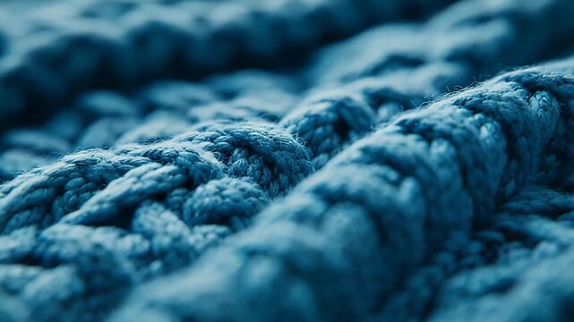 Close-up of a blue, thick, intricately knitted textile with complex textured patterns and soft, cozy appearance