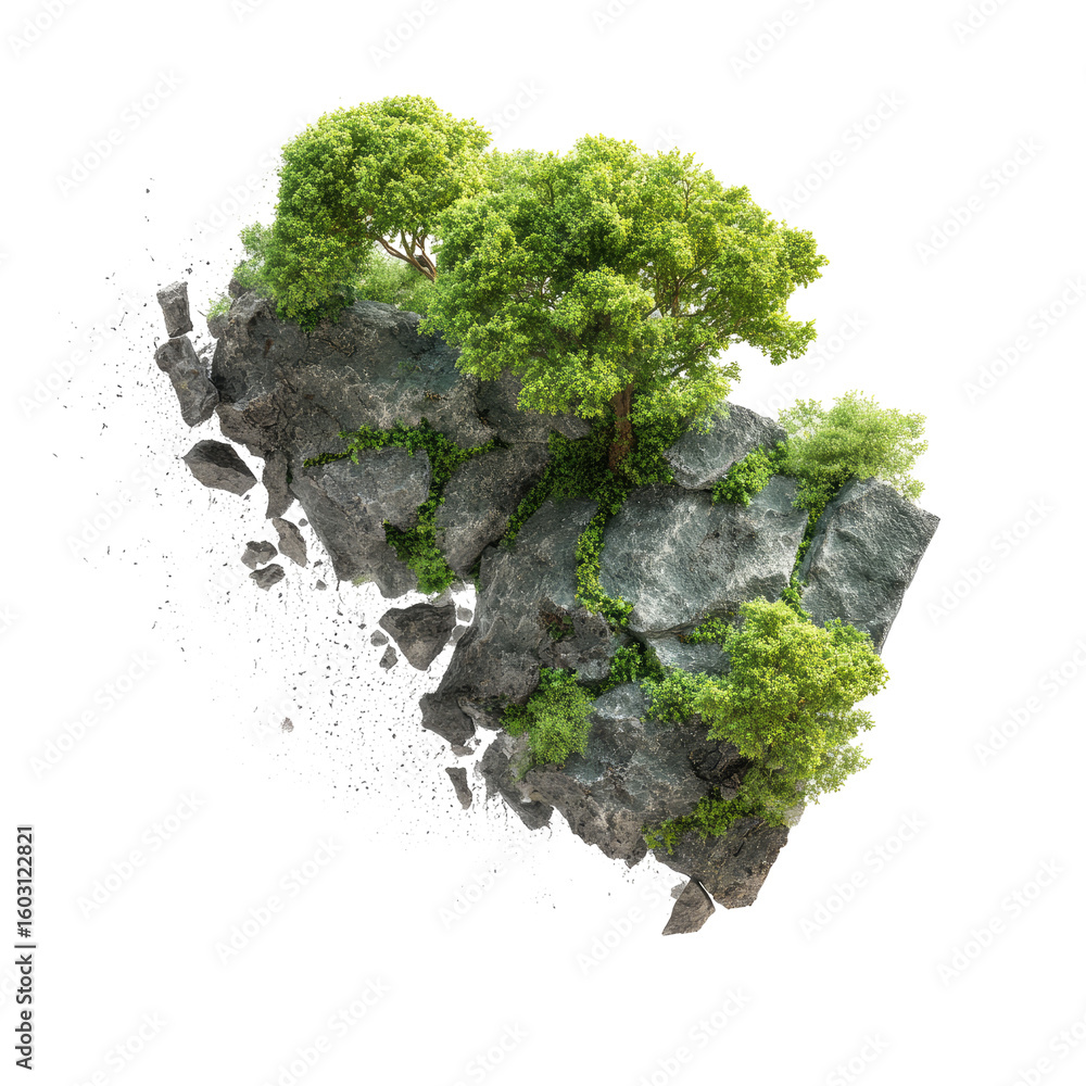 Fototapete a 3d rendering of a rocky island with trees and water splatter
