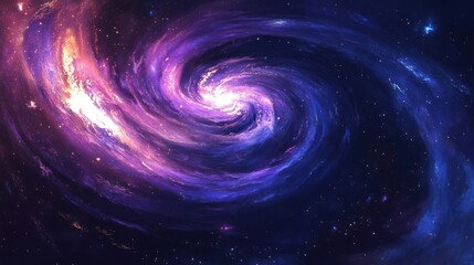 A swirling cosmic vortex of purple and orange hues fills the dark space.