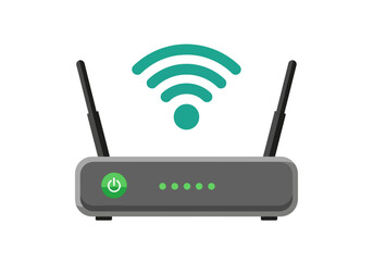 Modern wireless router with glowing green power indicator and iconic wi fi signal radiating upwards