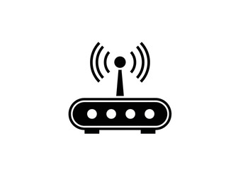 A simple black and white icon representing a wireless router with signal waves emanating from its antenna