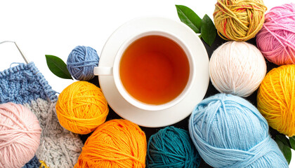 Top-down view of knitting tools, multicolored yarn balls and a cup of tea isolated on transparent background.