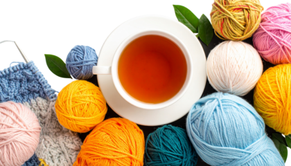 Top-down view of knitting tools, multicolored yarn balls and a cup of tea isolated on transparent background.