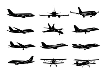 Collection of silhouetted aircraft showcasing diverse designs from commercial jets to fighter planes