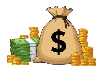 A large sack of money with a dollar sign on it is overflowing with cash and gold coins stacked high around it representing financial wealth and abundance for everyone to see