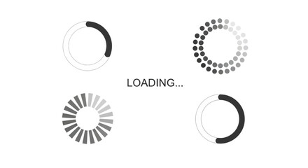 Four distinct circular loading indicators with varying designs and progress levels on a white background representing data processing