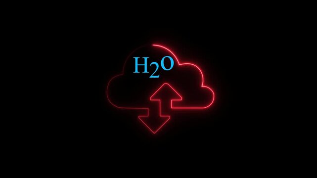 Glowing neon red outline of a cloud symbol with the chemical formula h2o in blue text and an up and down arrow inside