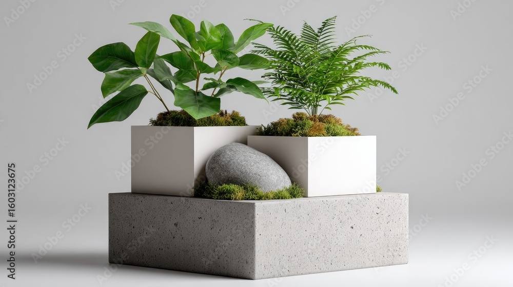 Poster two square white boxes are stacked with greenery resting on top, situated on a concrete podium in a 